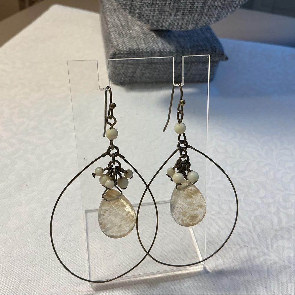 Brasstone Wire Hoop Crystal and White Beads Earrings